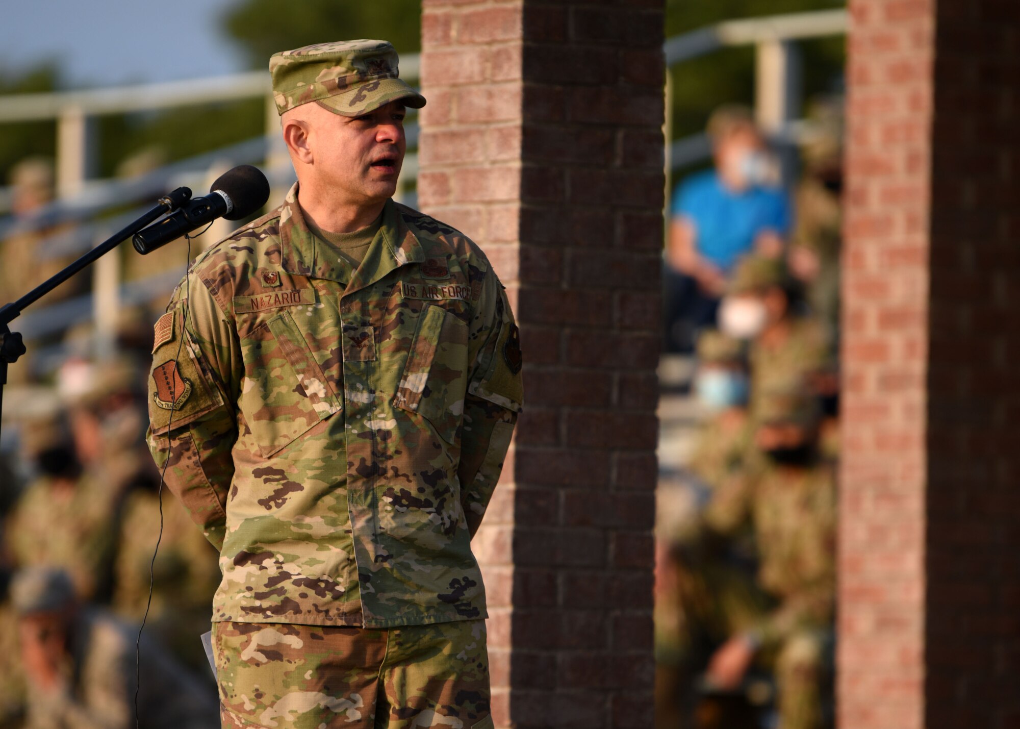 U.S. Air Force Col. Andres Nazario, 17th Training Wing commander, delivers closing remarks during the Air Force Birthday Celebration held on the Parade Field at Goodfellow Air Force Base, Texas, Sept. 19, 2020. Nazario spoke on diversity in the Air Force and how it is because of our diverse force that we are the greatest Air Force. (U.S. Air Force photo by Airman 1st Class Ethan Sherwood)