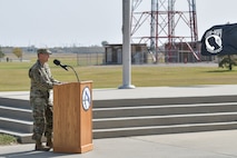 Colonel Brian Vlaun, 5th Bomb Wing vice commander, gives a speech Sep. 17, 2020, at Minot 
Air Force Base, North Dakota. Team Minot Airmen from the 5th Bomb Wing and 91st Missile Wing participated in the annual POW/MIA 24-hour Recognition run and retreat.(U.S. Air Force photo by Airman First Class Jan K. Valle)