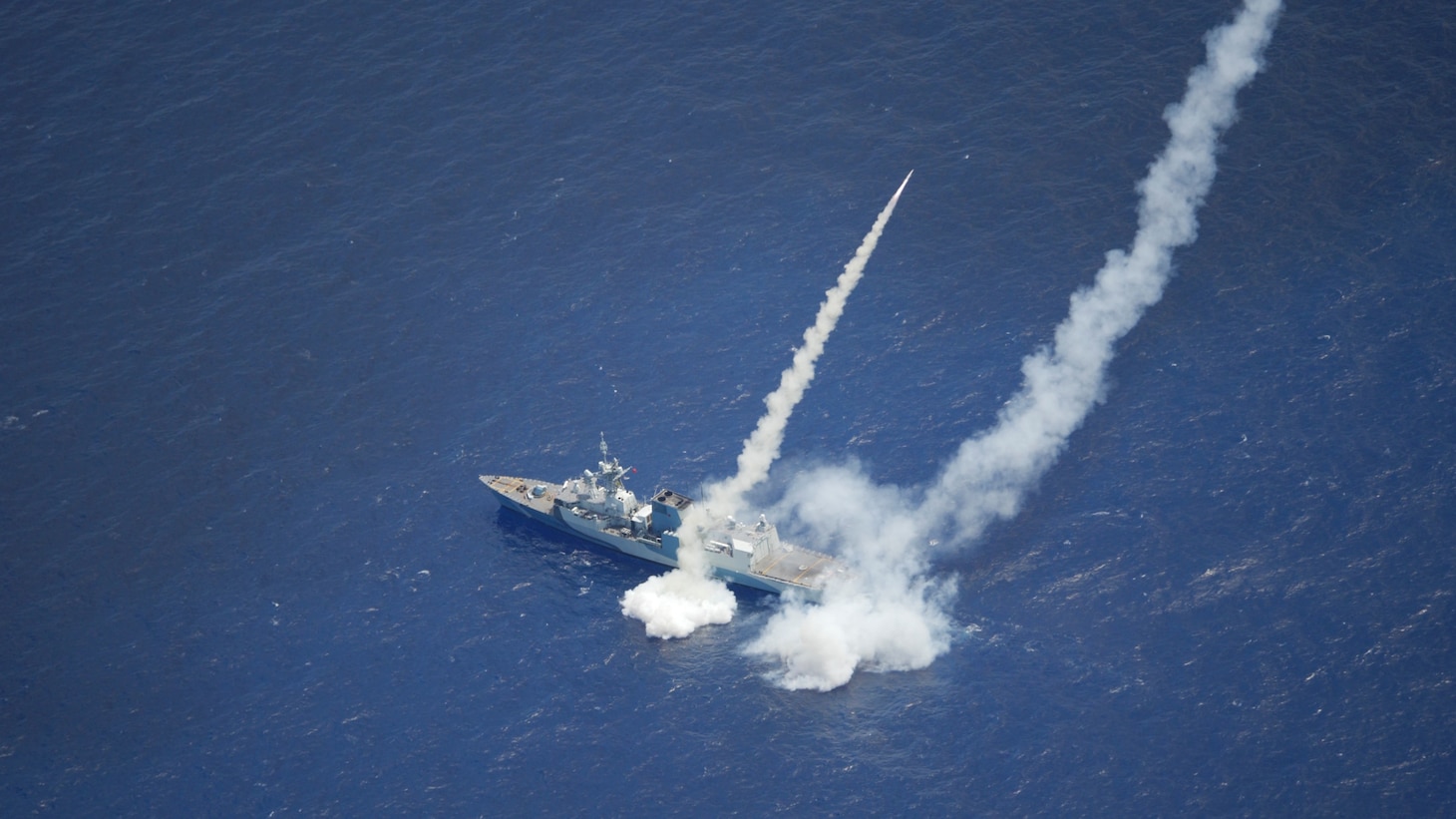 Royal Canadian Navy ship HMCS Regina (FFH 334)  fires two Harpoon Surface to Surface Missiles as part of Exercise Rim of the Pacific (RIMPAC) 2020