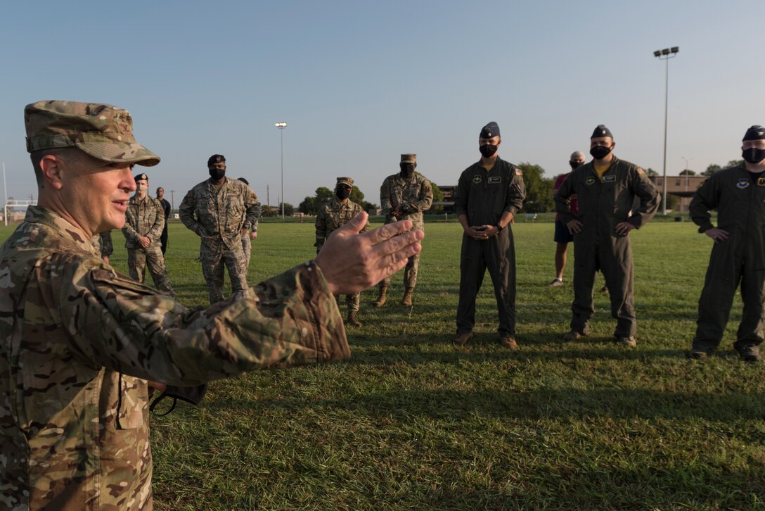 Col. Craig Prather, 47th Flying Training Wing commander, addresses Airmen who came out to participate in the ruck competition in celebration of the Air Force’s 73rd birthday on Sept. 18, 2020, at Laughlin Air Force Base, Texas. The opening ceremony was limited to the first 50 people due to social distancing guidelines.  (U.S Air Force photo by Senior Airman Anne McCready)