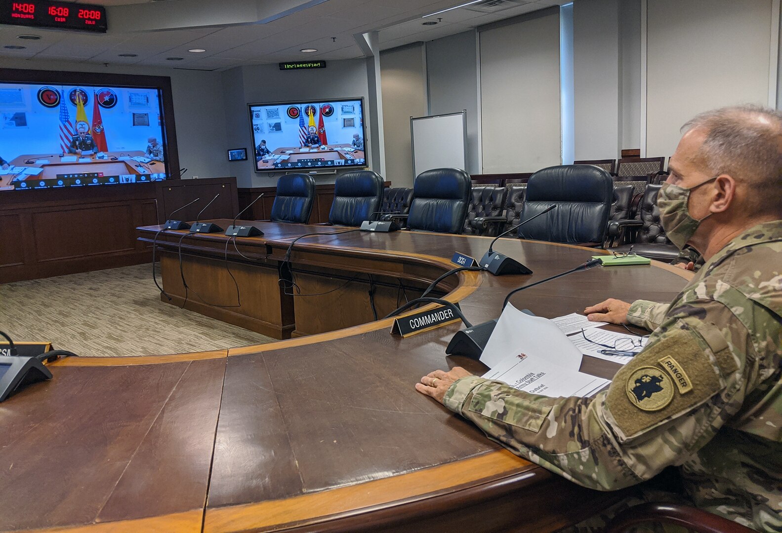 Maj. Gen. Daniel Walrath, U.S. Army South commanding general, provides closing remark to Gen. Eduardo E. Zapateiro, Colombian National Army commanding general, during the conclusion of the 11th U.S. – Colombia Bilateral Army Staff Talks, which was held virtually from Sept. 14-18. The staff talks seeks to promote bilateral efforts in order to develop professional partnerships and increase interaction between partner nation armies over a five-year plan.