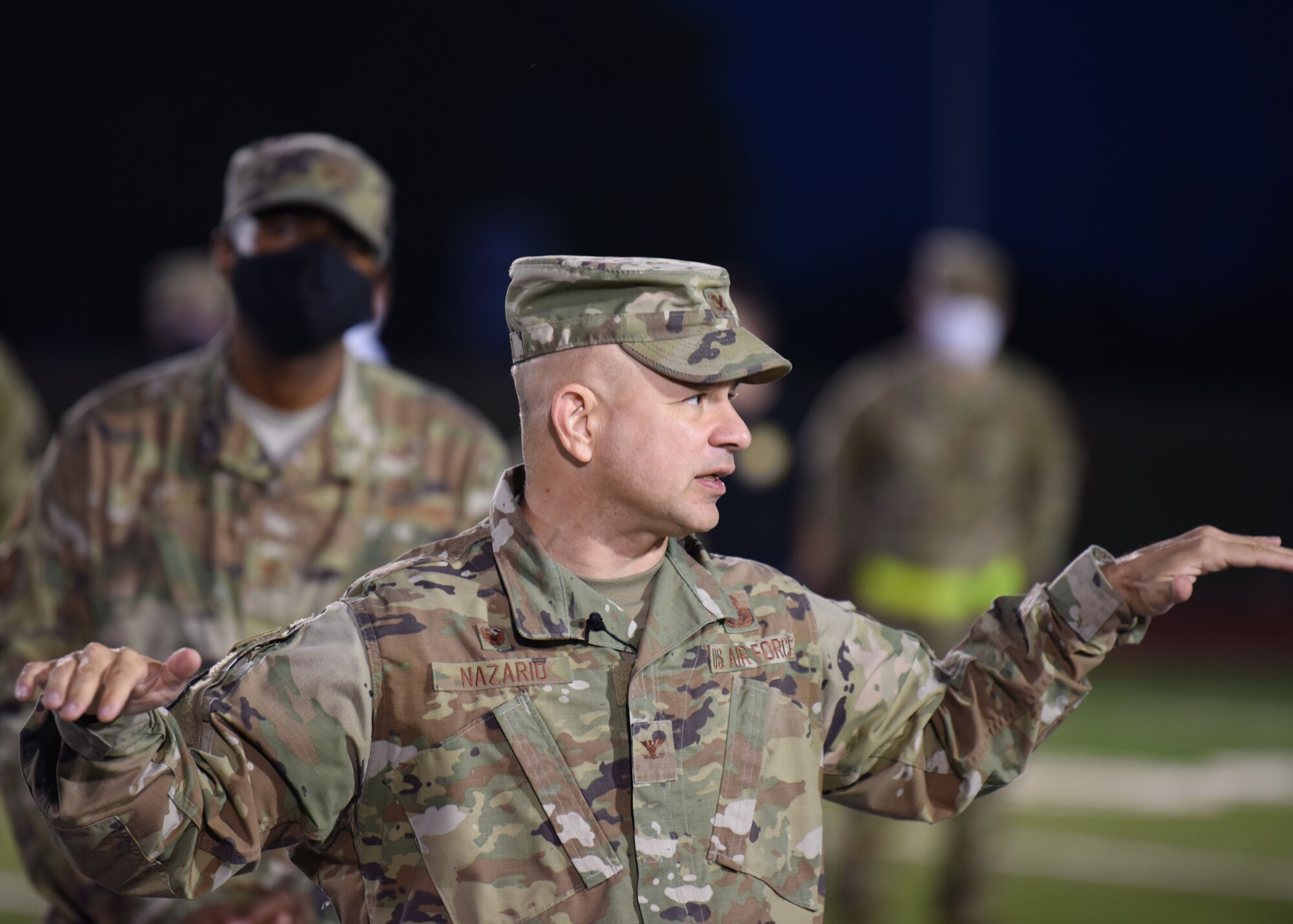 U.S. Air Force Col. Andres Nazario, 17th Training Wing commander, addresses the Suicide Awareness 24 Hour Run/Walk participants shortly before the event at the Mathis Field Track on Goodfellow Air Force Base, Texas, Sept. 18, 2020. Nazario and his colleagues addressed the crowd and thanked them for coming to the event to celebrate life. (U.S. Air Force photo by Airman 1st Class Ethan Sherwood)