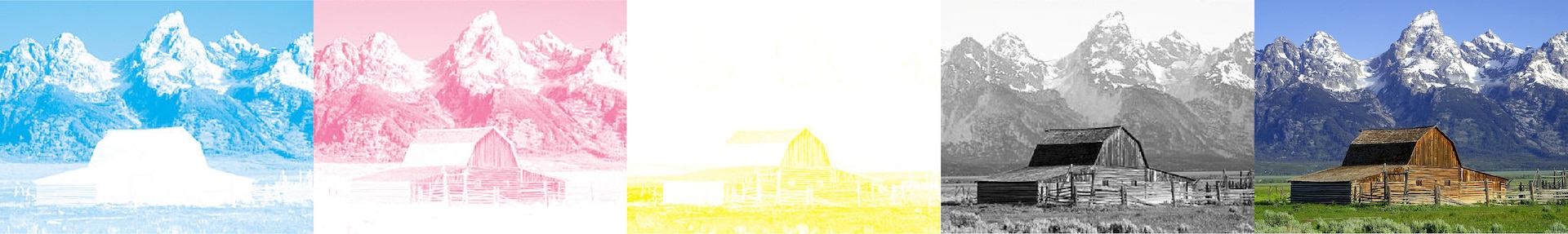 A full-color photograph of a barn with mountains in the background that shows separations used for printing with process cyan, magenta and yellow inks.