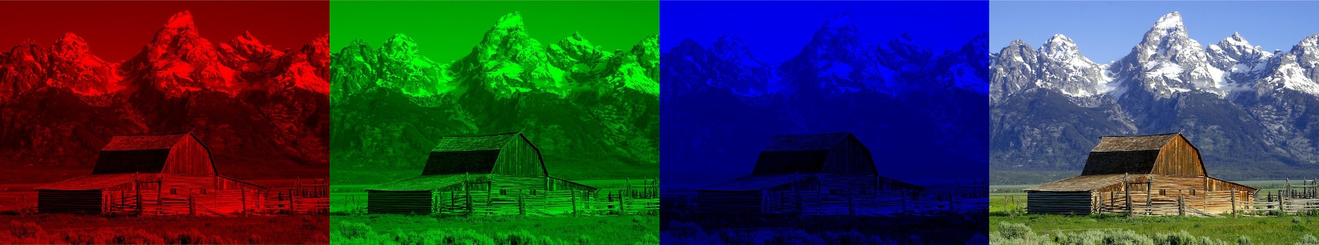 A full-color photograph of a barn with mountains in the background that shows the red, green and blue light channels separated.