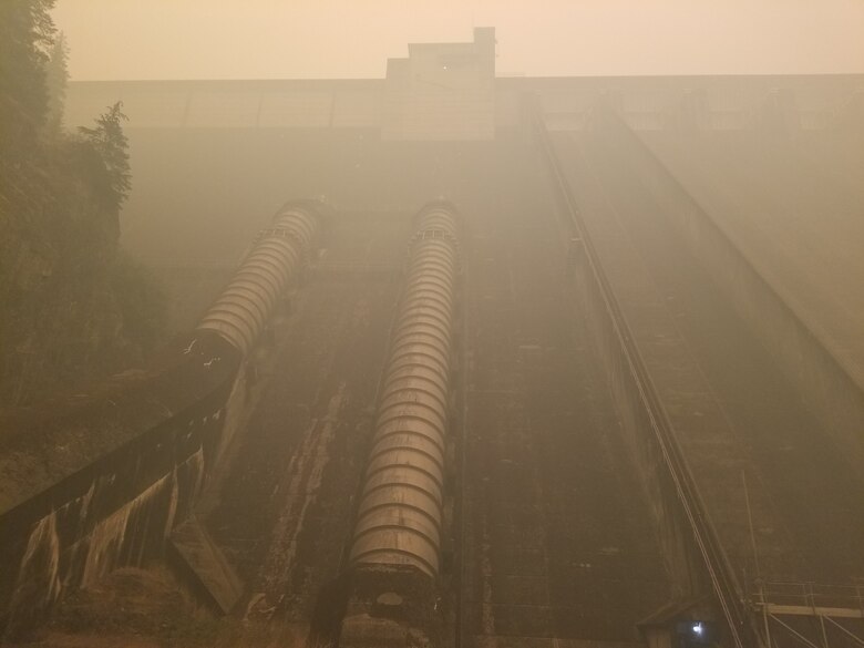 A view from the bottom of the dam, looking upward to the top of the dam.