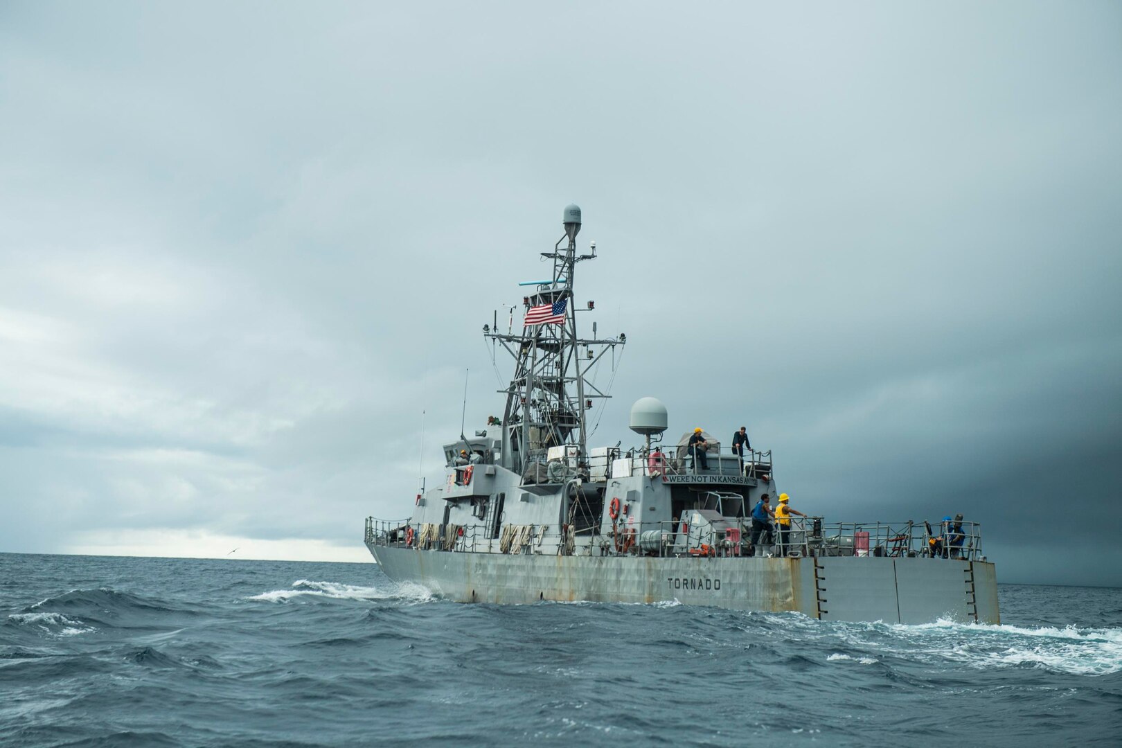 The Cyclone-class coastal patrol ship USS Tornado (PC 14) conducts a man overboard drill Sept. 16, 2020.