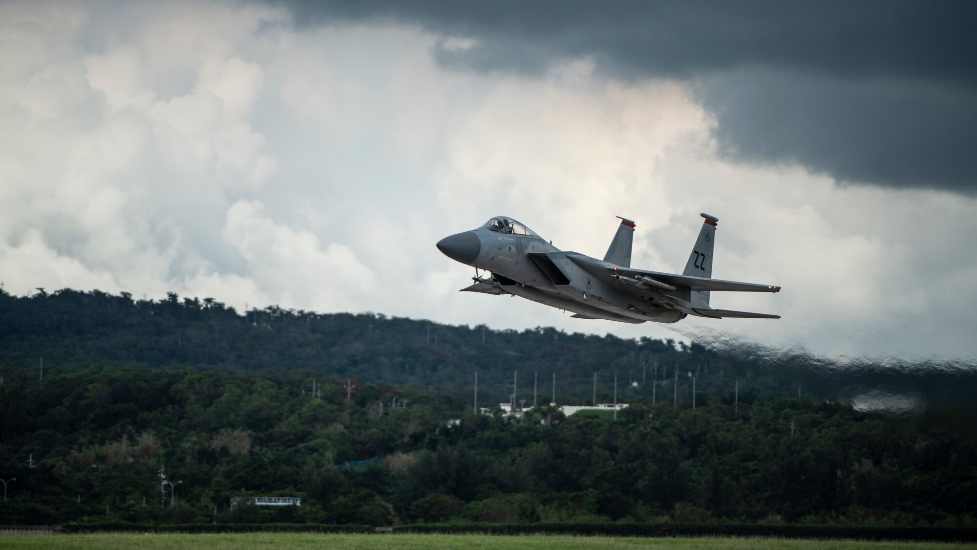 A U.S. Air Force 67th Fighter Squadron F-15C Eagle departs for a training mission Sept. 14, 2020, at Kadena Air Base Japan. Team Kadena pilots train every day to ensure readiness and mission effectiveness to support a free and open Indo-Pacific.