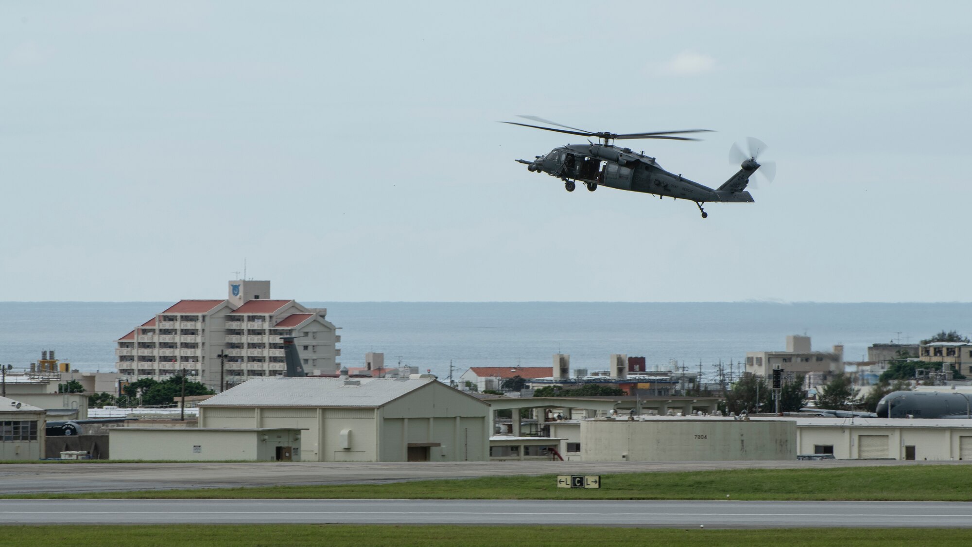 A U.S. Air Force 33rd Rescue Squadron HH-60G Pavehawk conducts a training flight Sept. 14, 2020, at Kadena Air Base, Japan. The 33rd RQS Airmen train to maintain a constant readiness to provide combat search and rescue capabilities to the U.S. and its allies in the Indo-Pacific region.