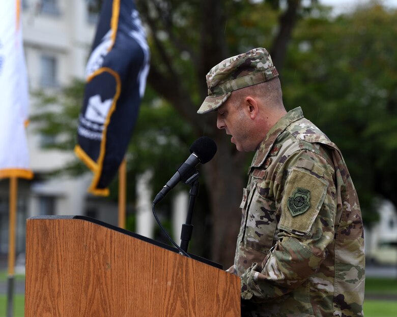 U.S. Air Force Col. Jesse Friedel, 35th Fighter Wing commander, gives closing remarks during the National Prisoner of War/Missing in Action Recognition Day ceremony at Misawa Air Base, Japan, Sept. 18, 2020. POW/MIA Recognition Day is traditionally held on the third Friday in September. (U.S. Air Force photo by Staff Sgt. Grace Nichols)