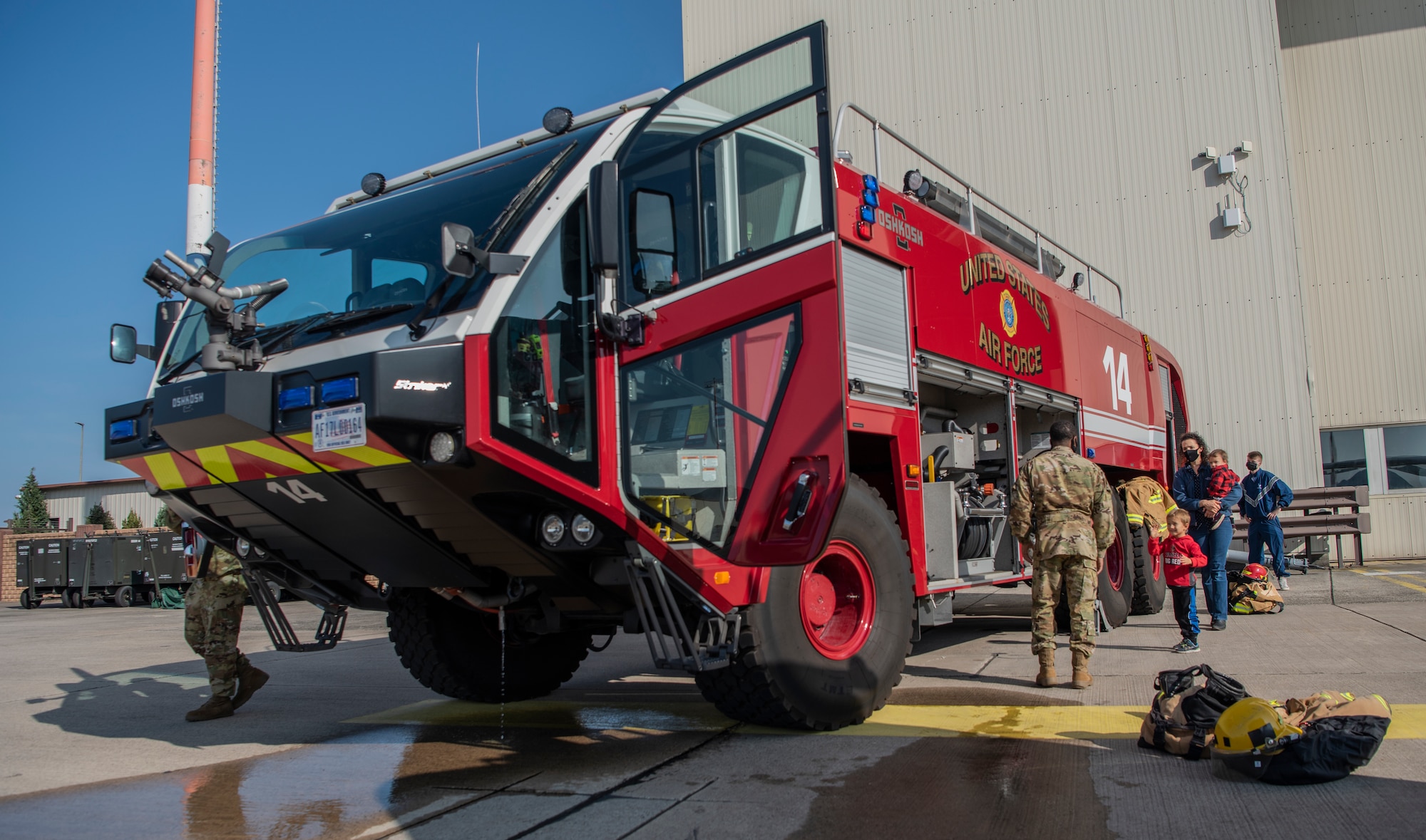 A fire truck from the 86th Civil Engineer Squadron sits on the flight line during the 73rd Air Force Birthday Celebration at Ramstein Air Base, Germany, Sept. 18, 2020.