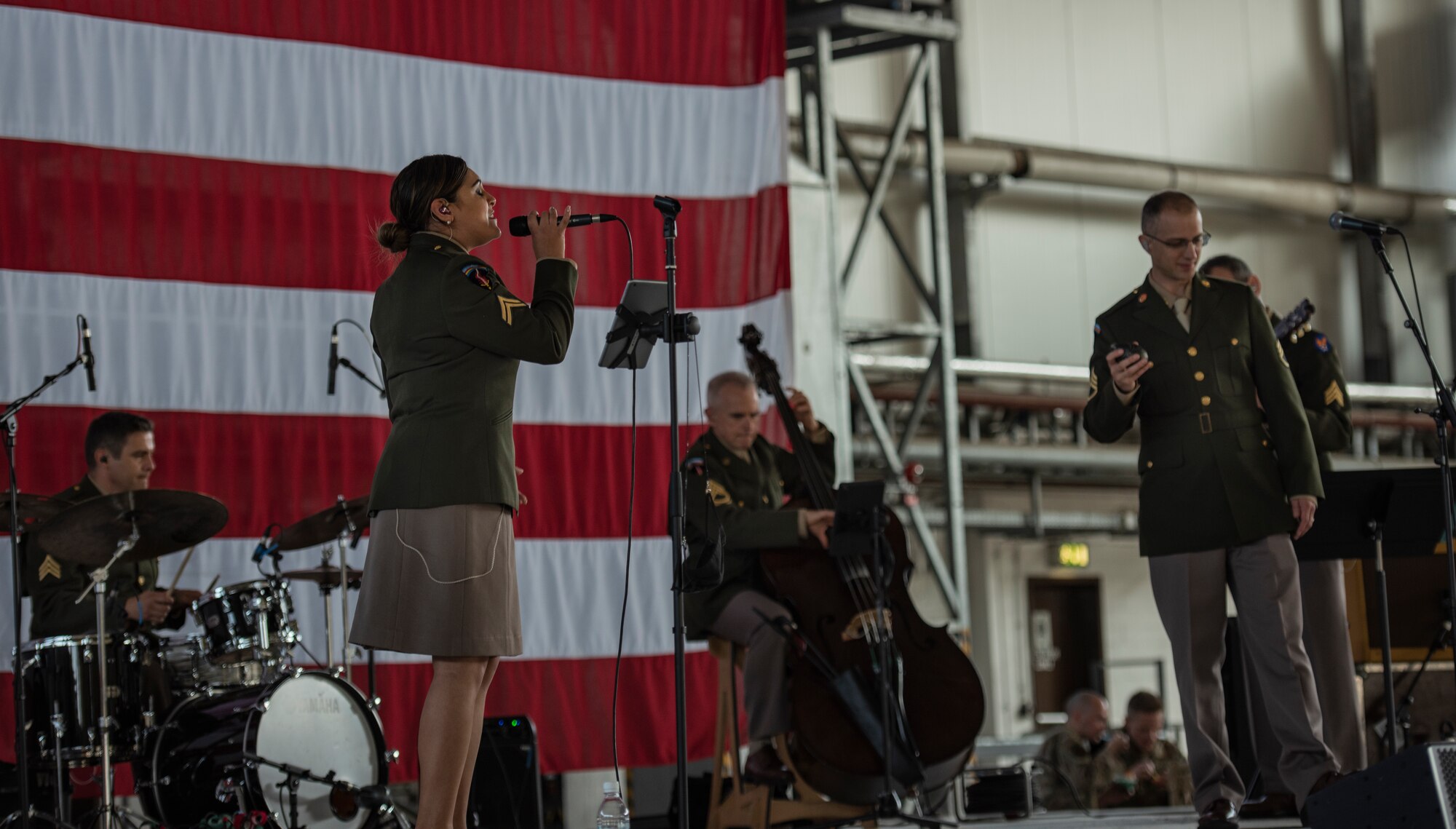 U.S. Air Force Staff Sgt. Linda Casul and Master Sgt. Clint Whitney, vocalists for the United States Air Forces in Europe Band, perform during the 73rd Air Force Birthday Celebration at Ramstein Air Base, Germany, Sept. 18, 2020.