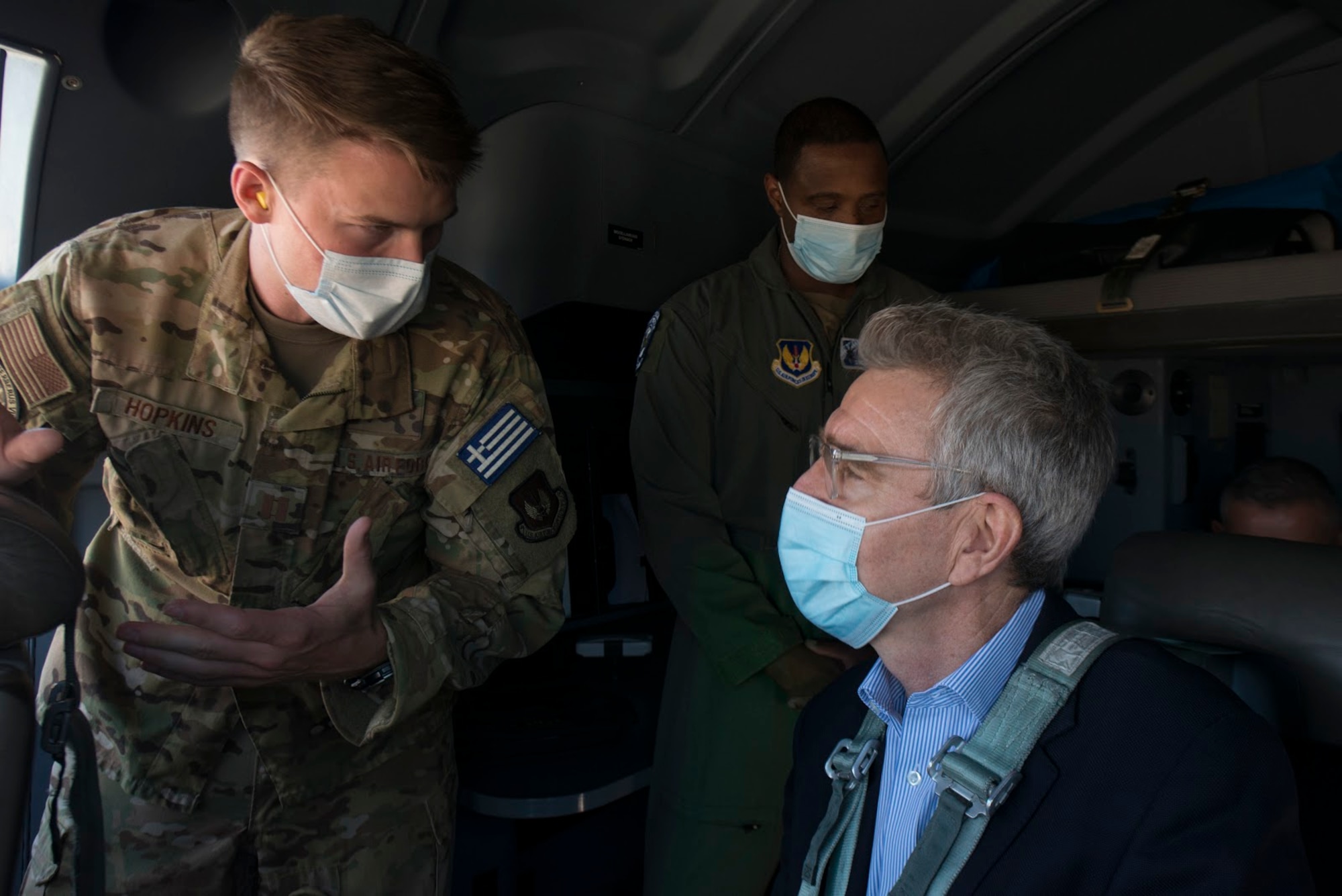 U.S. Air Force Capt. John Hopkins, 37th Airlift Squadron Operation Stolen Cerberus VII mission commander, left, speaks with Geoffrey R. Pyatt, U.S. ambassador to the Hellenic Republic, right, during Operation Stolen Cerberus VII at Elefsis Air Base, Greece, Sept. 11, 2020. U.S. ambassadors represent the government and work with their host nation to promote international relationships, trade, and military support. (U.S. Air Force photo by Airman 1st Class Taylor D. Slater)