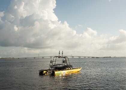 Naval Surface Warfare Center Panama City Division (NSWC PCD) recently collaborated with Commander, Naval Meteorology and Oceanography Command in coordination with the Naval Oceanographic Office’s Fleet Survey Team, and Klein Marine to conduct a live Advanced Naval Technology Exercise (ANTX) event at NSWC PCD. Seafloor Systems’ HydroCat-180 Unmanned Surface Vehicle with towed Multi-Angle X-Pattern side scan sonar from Klein Marine Systems is displayed to conduct fully autonomous hydrographic surveying during testing at NSWC PCD.