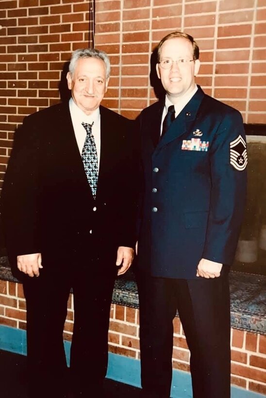 Then Senior Master Sgt. Jack Angelo poses with his father Tony Angelo, at the younger Angelo's retirement ceremony June 2000, at Arnold Air Force Base, Tenn. (Courtesy photo)
