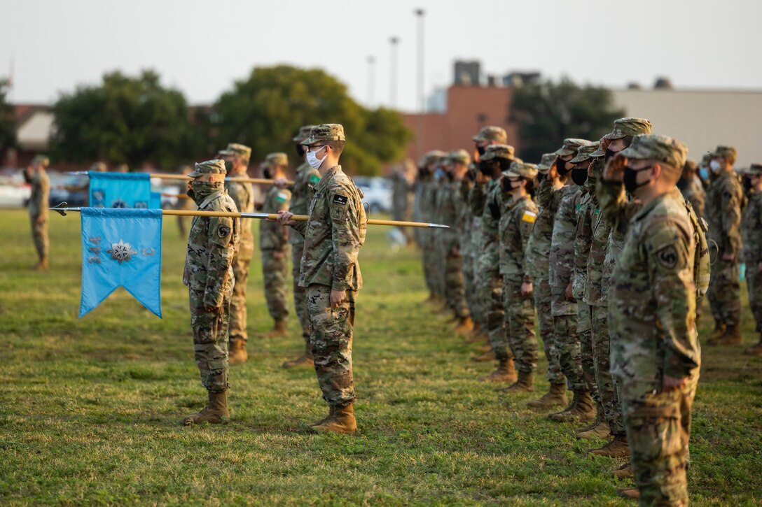 Students from the 344th Military Intelligence Battalion salute during the Air Force Birthday Celebration on the Parade Field at Goodfellow Air Force Base, Texas, Sept. 18, 2020. Participants in the ceremony were from multiple squadrons and detachments. (Photo courtesy of Matthew Woodworth)