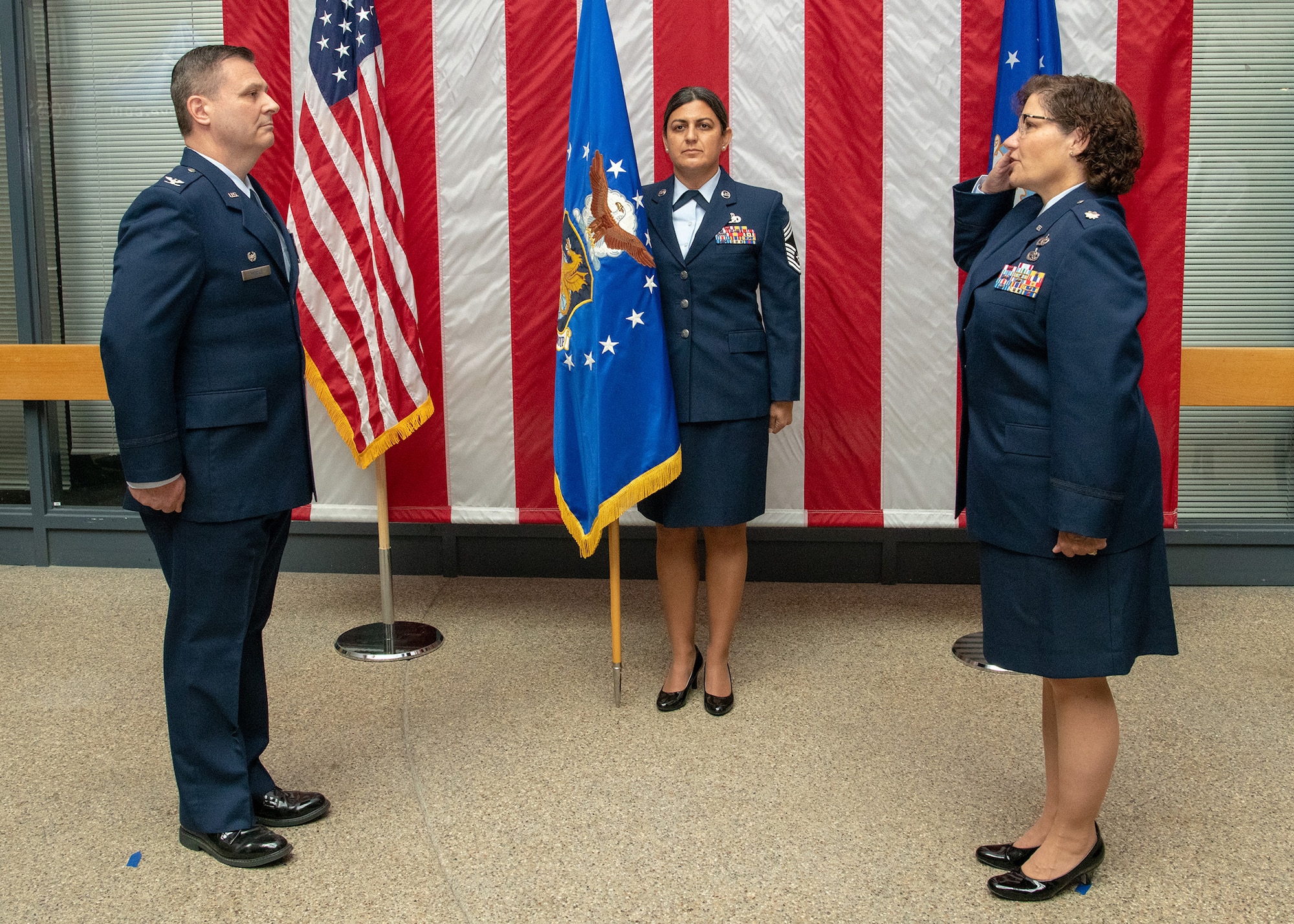 Col. Lee E. Merkle, 349th Air Mobility Wing commander, presides over the assumption of command ceremony for the new 349th Mission Support Group commander, Lt. Col. Gia M. Wilson-Mackey on Sept. 12, 2020 at Travis Air Force Base, Calif.