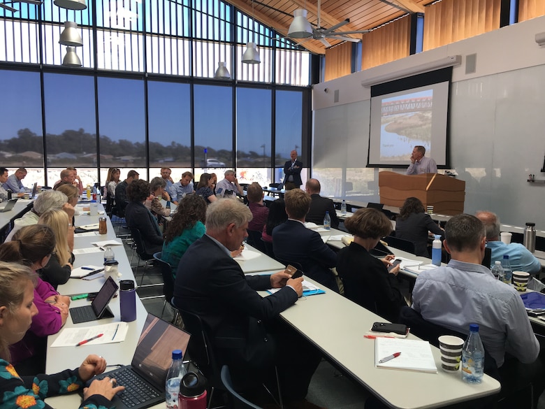 Researchers discuss a USACE-led initiative to develop International Guidelines on the use of Natural and Nature-based Features during a meeting at the University of California, Santa Cruz in September 2018.