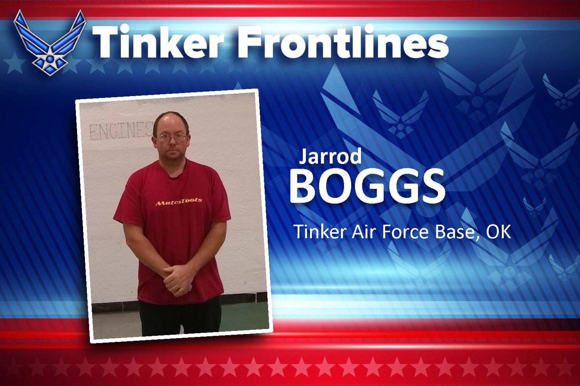 Graphic of Tinker Frontlines with photo of man in red shirt looking into camera