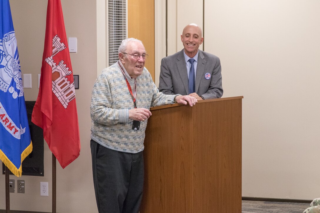 Bud Ossey talks to current engineers and fellow retirees of Portland District, U.S. Army Corps of Engineers during a historical celebration at the district’s headquarters in downtown Portland in November 2019. Ossey attended as a guest of honor.