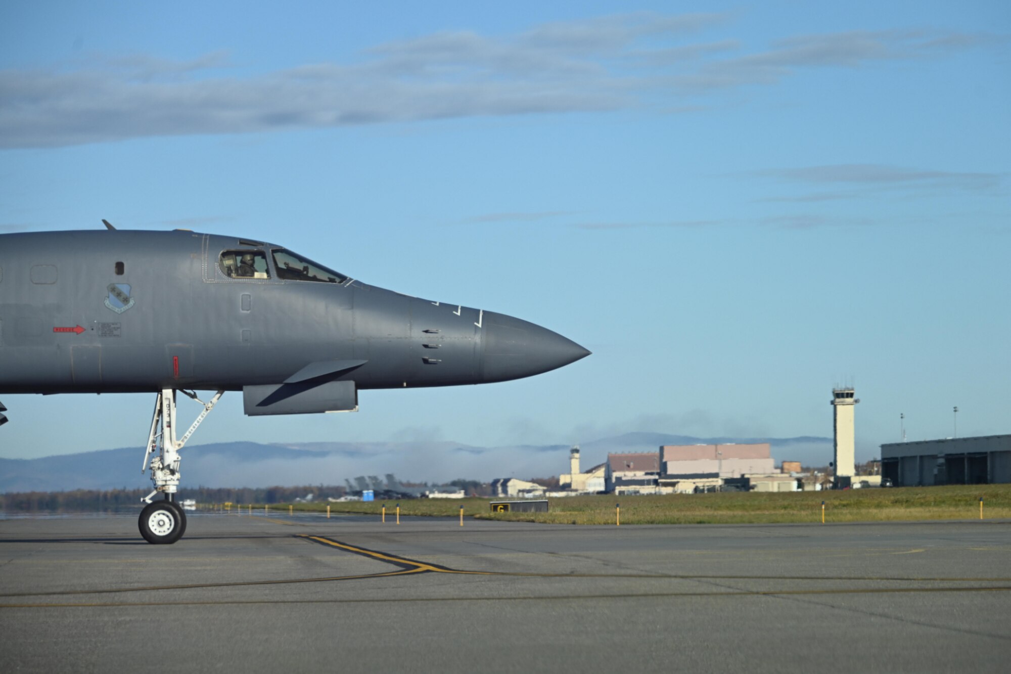 A B-1 Lancer pulls into the runway at Eielson Air Force Base, Alaska.