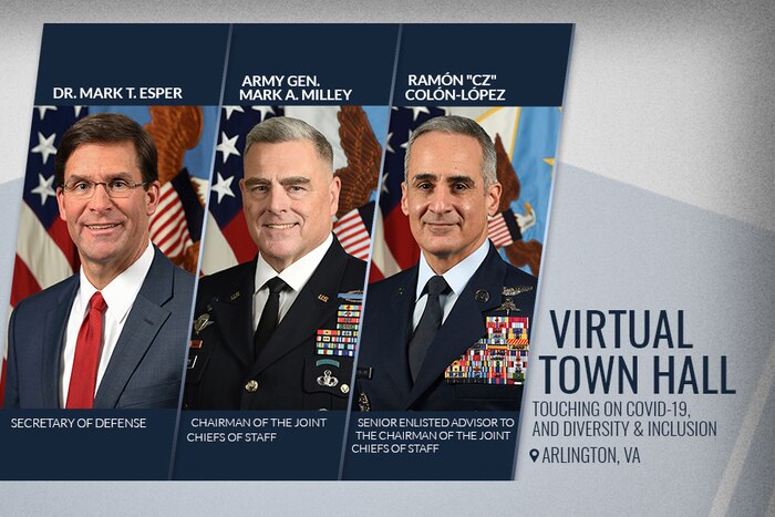 A graphic showing top defense leaders  and the words virtual town hall.