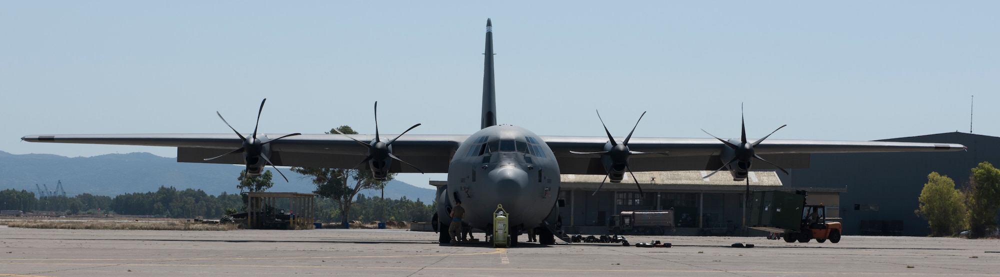 A C-130J rests at Elefsis Air Base, Greece.