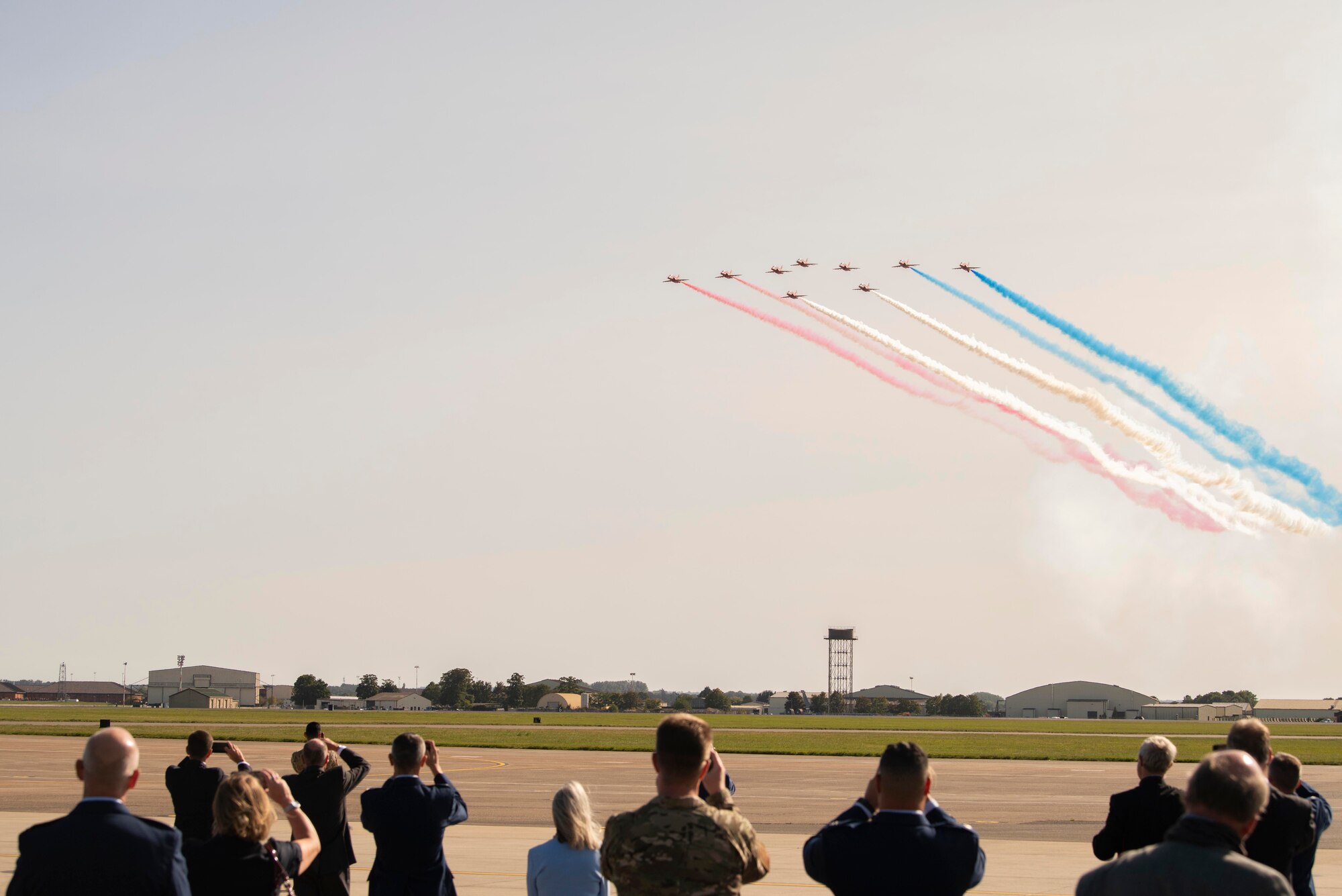 The Royal Air Force Aerobatic Team flies over RAF Mildenhall, England, Sept. 18, 2020. RAF and U.S. Air Force aircraft conducted a flyover in commemoration of the 80th anniversary of the Battle of Britain and in celebration of the 73rd birthday of the Air Force. (U.S. Air Force photo by Airman 1st Class Joseph Barron)