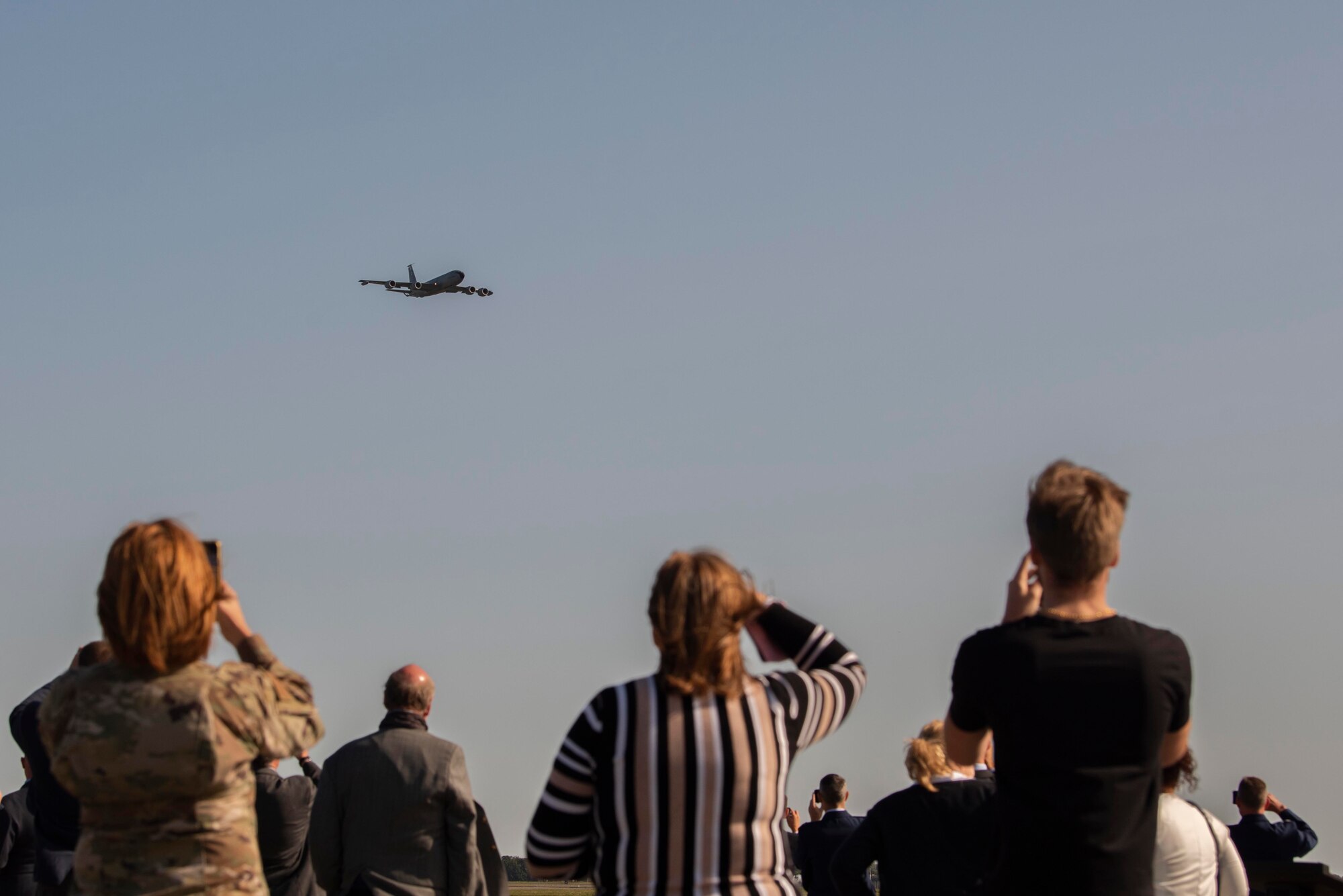 A KC-135 Stratotanker assigned to the 100th Air Refueling Wing conducts a flyby at Royal Air Force Mildenhall, England, Sept. 18, 2020. The RAF Aerobatic Team, Supermarine Spitfires, Hawker Hurricanes and U.S. Air Force F-15C Eagles, MC-130J Commando IIs and CV-22B Ospreys also took part in the event celebrating the Air Force's 73rd birthday and commemorating the 80th anniversary of the Battle of Britain. (U.S. Air Force photo by Airman 1st Class Joseph Barron)