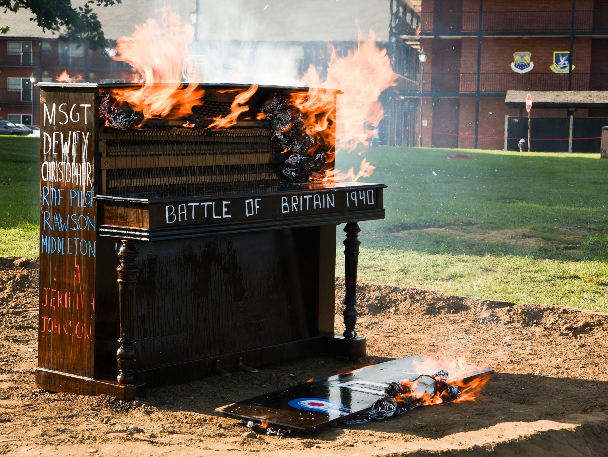 A piano is burned to commemorate the lives lost during the Battle of Britain at Royal Air Force Mildenhall, England, Sept. 18, 2020. This was one of several events held throughout the day to commemorate the 80th anniversary of the Battle of Britain. (U.S. Air Force photo by Airman 1st Class David Busby)