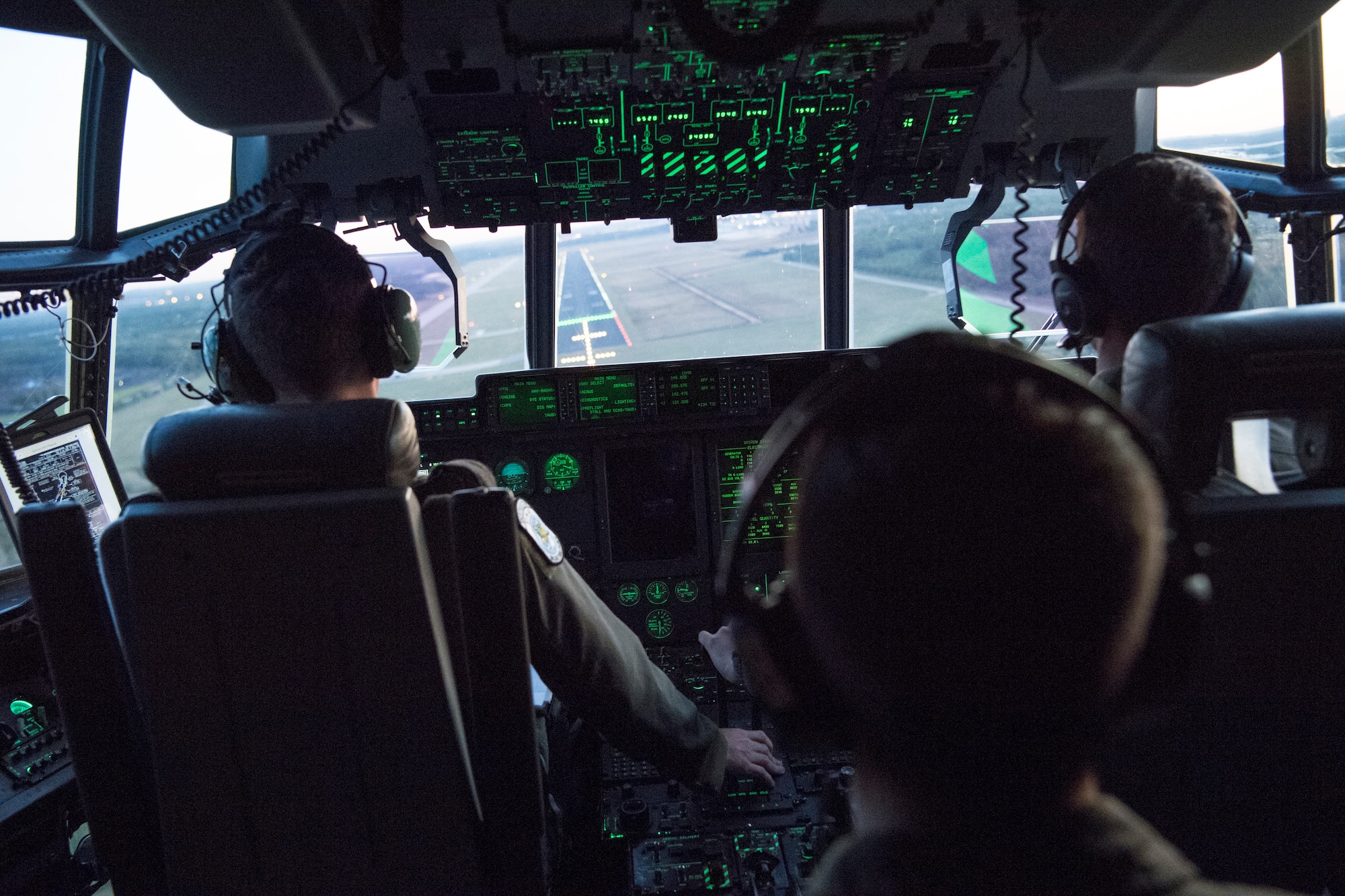 Pilots from the 37th Airlift Squadron prepare to land at Eindhoven Air Base, Netherlands, Sept. 18, 2020