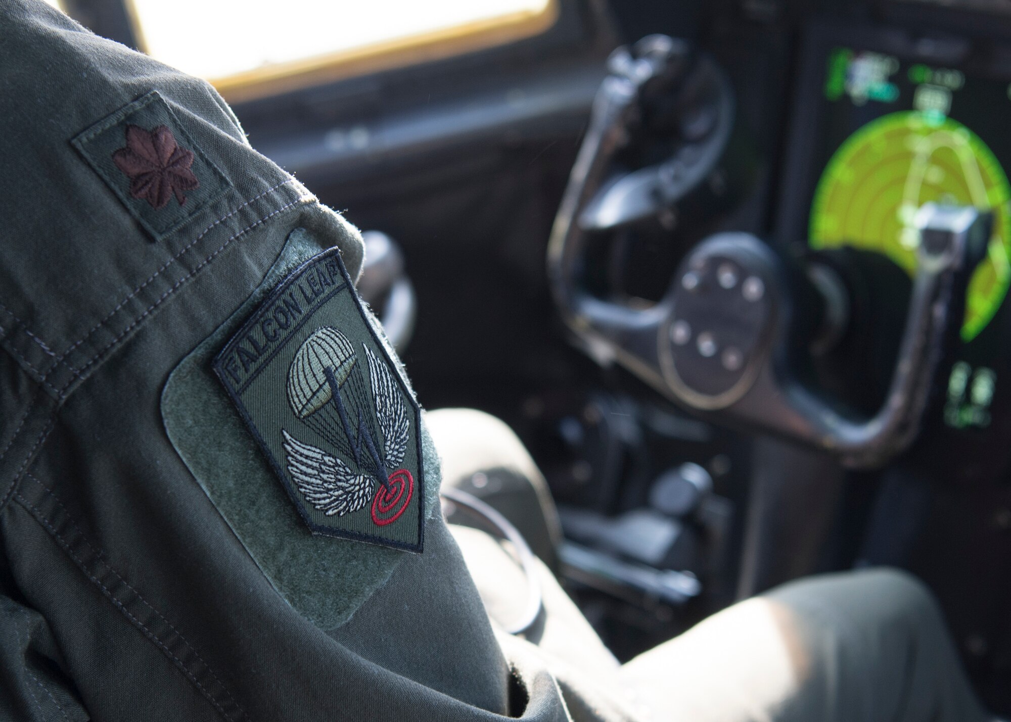 The official patch for Exercise Falcon Leap 2020 is shown on the shoulder of U.S. Air Force Maj. Erik Svendsen, 37th Airlift Squadron instructor pilot, at Eindhoven Air Base, Netherlands, Sept. 18, 2020.