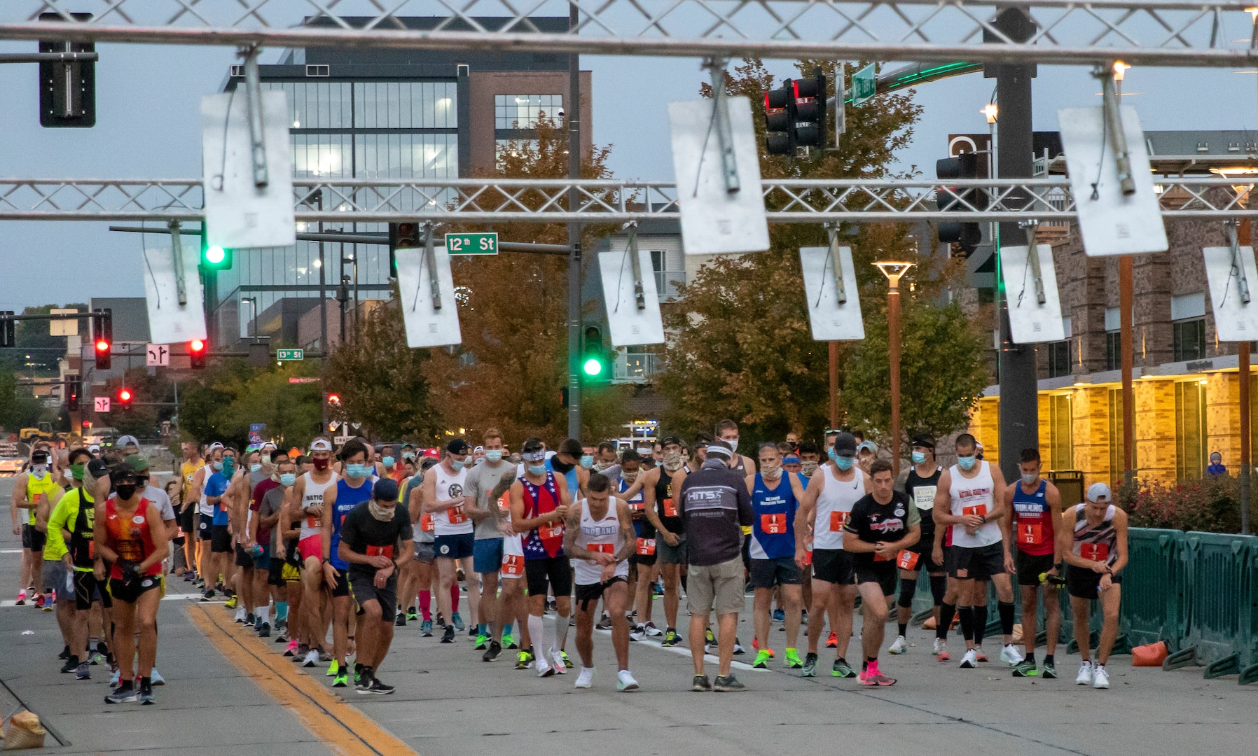 National Guard and civilian runners stand ready at the starting line of the Omaha Marathon Sept. 20, 2020, in Omaha, Nebraska. National Guard runners from 34 states and territories competed for a spot on the All-Guard Marathon Team at the National Guard Marathon Time Trials at the Omaha Marathon. Traditionally in Lincoln, Nebraska, in May, the time trials were rescheduled to Omaha due to the COVID-19 pandemic.