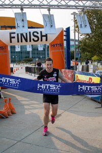 Capt. Kenny Rayner, California Army National Guard, finishes first in the Omaha Marathon, Sept. 20, 2020, in Omaha, Nebraska. National Guard runners from 34 states and territories competed for a spot on the All Guard Marathon Team at the National Guard Marathon Time Trials at the Omaha Marathon.