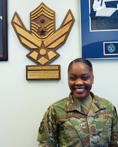 Chief Master Sgt. Charmaine Kelley, the 437th Airlift Wing command chief, poses for a photo Sept. 21, 2020 at Joint Base Charleston S.C. Kelley is new to Joint Base Charleston and new to the position of 437th AW command chief. She has had many unique opportunities in her career such as performing in Tops in Blue and attending the U.S. Coast Guard Chief Petty Officer Academy.