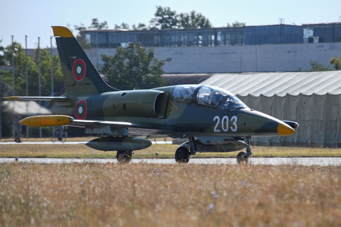 A Bulgarian air force Aero L-39 Albatros taxis on the runway during exercise Thracian Viper 20, Sept. 23, 2020, at Graf Ignatievo Air Base, Bulgaria. Thracian Viper 20 is a multilateral training exercise with the Bulgarian air force, aimed to increase operational capacity, capability and interoperability with Bulgaria. The exercise provided an opportunity for U.S. Airmen to train with partners and NATO allies in order to improve interoperability and readiness. (U.S. Air Force photo by Airman 1st Class Ericka A. Woolever)