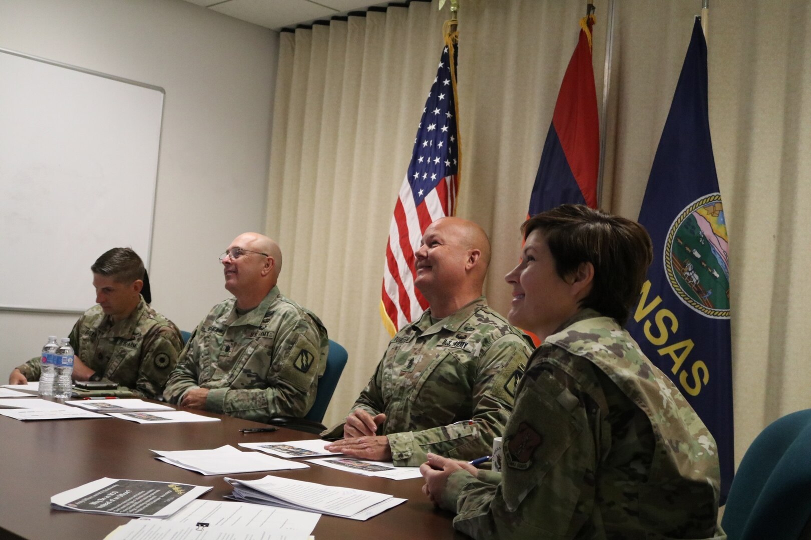 The command team from 2nd Combined Arms Battalion, 137th Infantry Regiment, including Lt. Col. Rodney Seaba, battalion commander, center left, and Command Sgt. Maj. Paul Purdham, battalion command sergeant major, center right, joined Sgt. 1st Class Gabriel Bailey, International Affairs Operations noncommissioned officer, left, and Maj. Marci Solander, Kansas National Guard State Partnership Program director, right, in a virtual SPP exchange Sept. 8-10 with students attending the Senior Leaders Course in the Republic of Armenia. The course was conducted at the Armenian Ministry of Defense’s National Defense Research University, the Armenian equivalent of the U.S. Army War College.