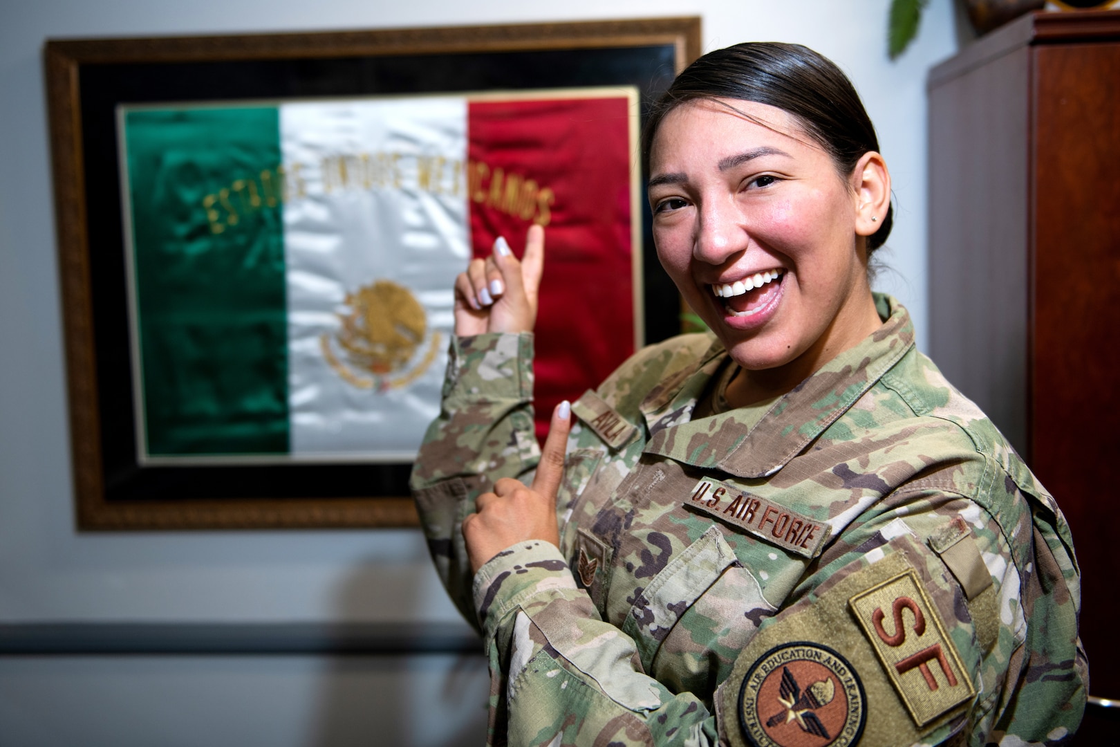 U.S. Air Force Tech. Sgt. Alejandra Avila, Inter-American Air Forces Academy executive officer for the commandant, poses for a photograph in support of Hispanic Heritage Month Sept. 18, 2020, at Joint Base San Antonio-Lackland, Texas.