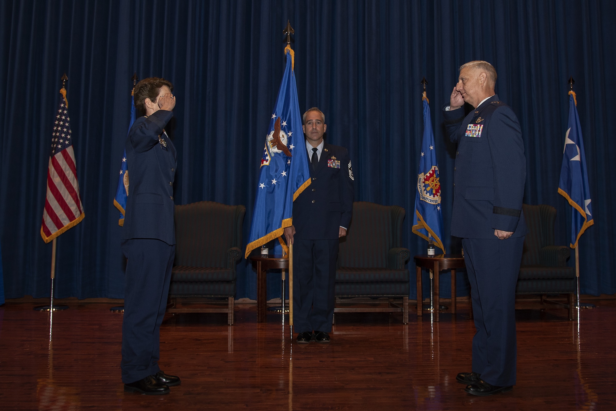 U.S. Air Force Maj. Gen. Mark Camerer assumes command of the U.S. Air Force Expeditionary Center during a change of command ceremony Sept. 23, 2020, at the USAF Expeditionary Center on Joint Base McGuire-Dix-Lakehurst, New Jersey. U.S. Air Force Gen. Jacqueline Van Ovost, Air Mobility Command commander, presided over the ceremony where U.S. Air Force Maj. Gen. John Gordy relinquished command of the USAF Expeditionary Center to Camerer. (U.S. Air Force photo by Master Sgt. Ashley Hyatt)