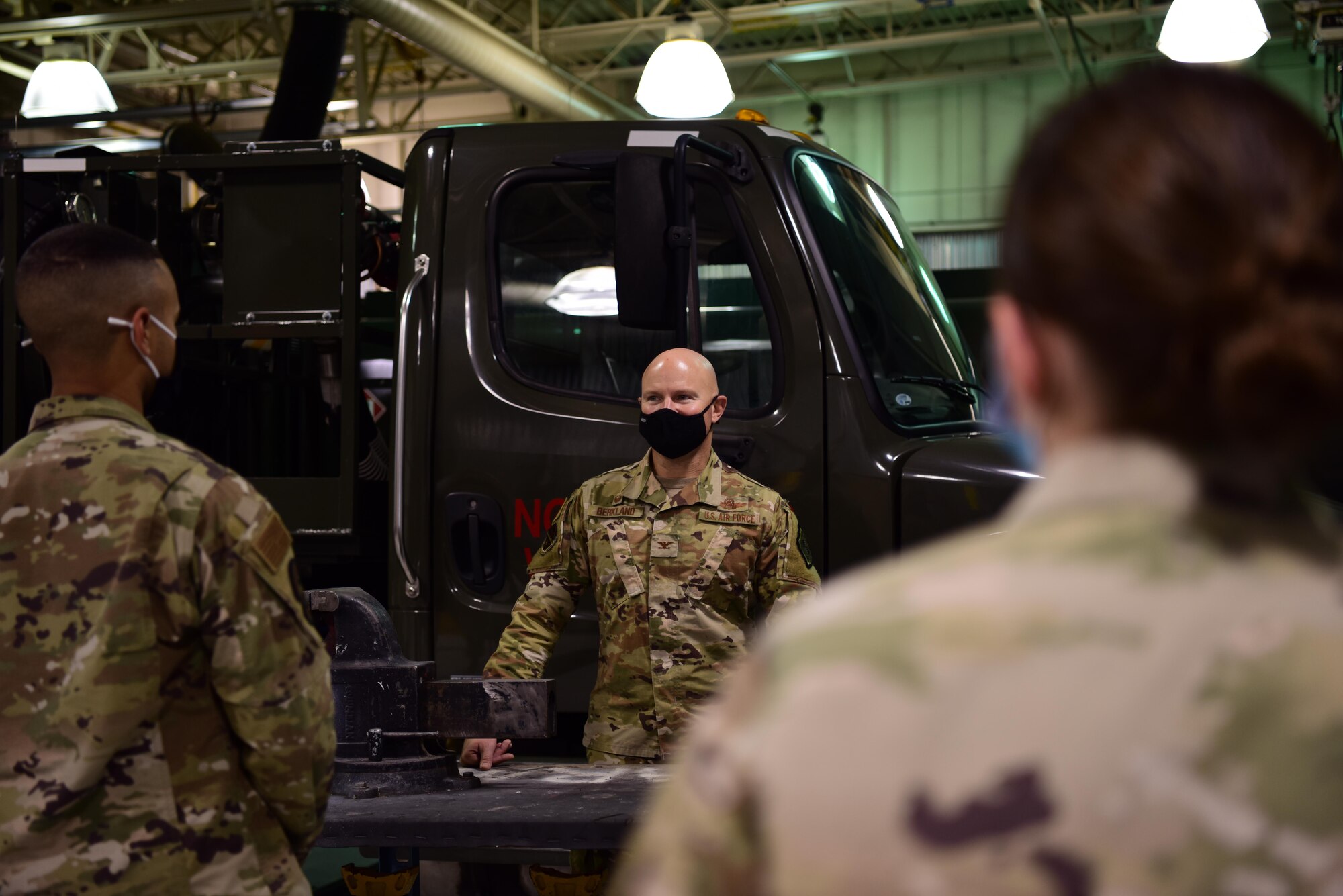 U.S. Air Force Col. David Berkland, the 354th Fighter Wing (FW) commander, interacts with Airmen assigned to the 354th Logistics Readiness Squadron (LRS) during a wing leadership immersion at Eielson Air Force Base, Alaska, Sept. 22, 2020.