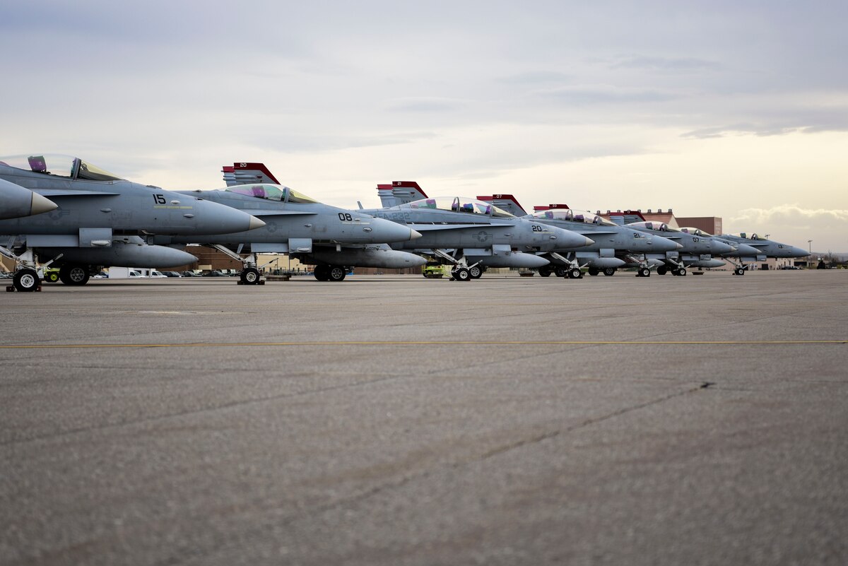 U.S. Marine Corps F/A-18C Hornets assigned to the Marine Fighter Attack Squadron 232 sit on the flightline at Eielson Air Force Base, Alaska, Sept. 17, 2020.