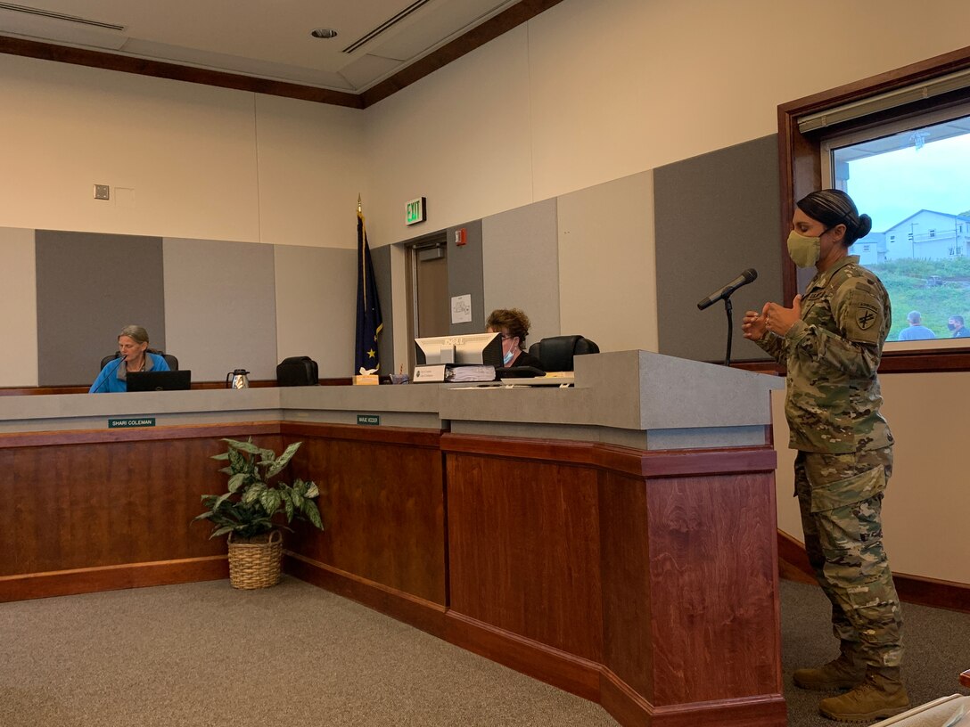 U.S. Army Reserve Maj. Tulsi Gabbard from the 351st Civil Affairs Command Functional Specialty Team (FxSP), conducts leader briefs with the Unalaska City Council during the Innovative Readiness Training Civil-Military Partnership Subject Matter Expert Assessment, Unalaska, Alaska, Aug. 26, 2020. IRT is a joint training concept that the Department of Defense (DOD) implemented to increase unit deployment readiness, leveraging the military contributions of U.S. Armed Forces capabilities, combined with local resources to build strong civil-military partnerships for communities in the contiguous United States and its territories.