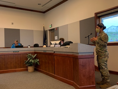 U.S. Army Reserve Maj. Tulsi Gabbard from the 351st Civil Affairs Command Functional Specialty Team (FxSP), conducts leader briefs with the Unalaska City Council during the Innovative Readiness Training Civil-Military Partnership Subject Matter Expert Assessment, Unalaska, Alaska, Aug. 26, 2020. IRT is a joint training concept that the Department of Defense (DOD) implemented to increase unit deployment readiness, leveraging the military contributions of U.S. Armed Forces capabilities, combined with local resources to build strong civil-military partnerships for communities in the contiguous United States and its territories.