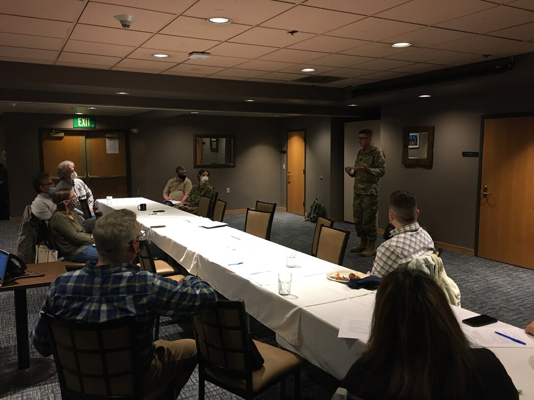 U.S. Army Reserve Lt. Col. Hugh Dougalas, governance and participation section chief from the 351st Civil Affairs Command Functional Specialty Team (FxSP), conducts initial briefs during an Innovative Readiness Training Civil-Military Partnership Leaders’ Reconnaissance, Unalaska, Alaska, July 23, 2020. IRT is a joint training concept that the Department of Defense (DOD) implemented to increase unit deployment readiness, leveraging the military contributions of U.S. Armed Forces capabilities, combined with local resources to build strong civil-military partnerships for communities in the contiguous United States and its territories.