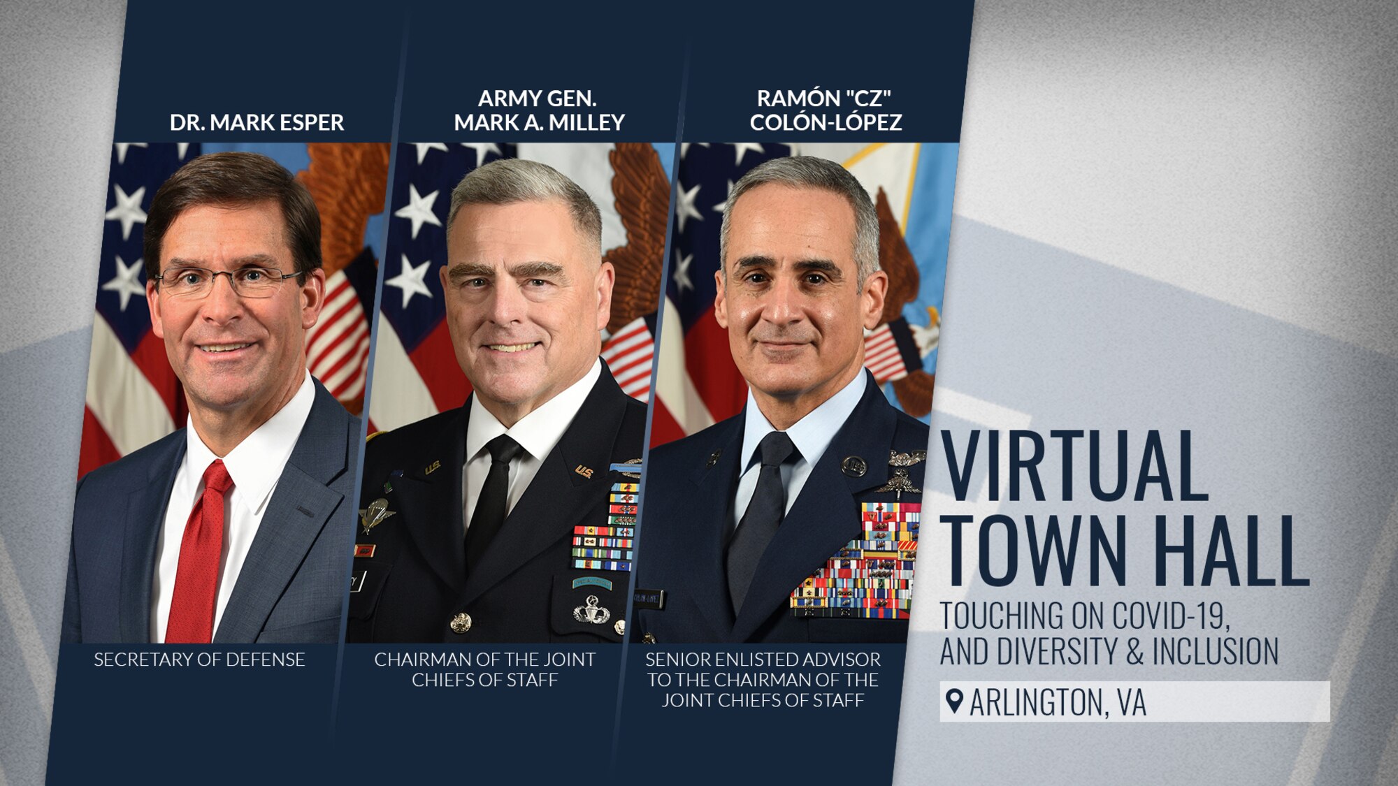 A graphic includes portrait photos of three top Defense Department leaders and their names and titles.