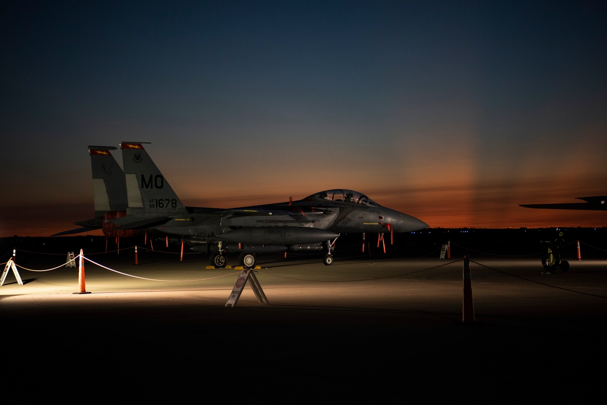 An F-15E Strike Eagle sits on the flightline at Laughlin Air Force Base, Texas, on Sept. 23, 2020. Two teams of pilots flying the F-15E visited Laughlin from Mountain Home Air Force Base, Idaho, to talk with student pilots, first assignment instructor pilots and leaders on the aircrafts’ capabilities as well as increase interaction within the fighter pilot community. (U.S. Air Force photo by Senior Airman Marco A. Gomez)