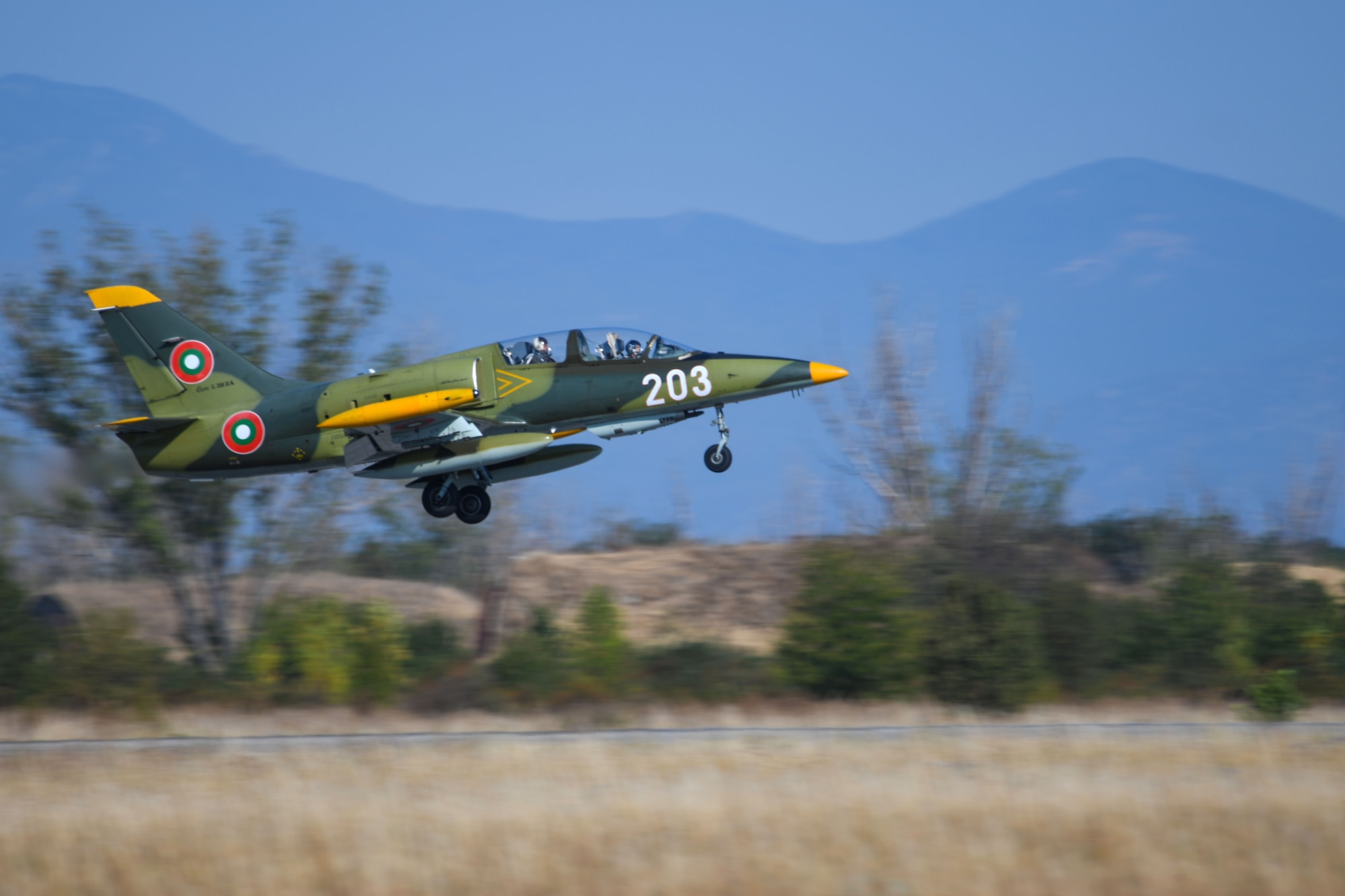 A Bulgarian air force Aero L-39 Albatros takes off during exercise Thracian Viper 20, Sept. 23, 2020, at Graf Ignatievo Air Base, Bulgaria. Thracian Viper 20 is a multilateral training exercise with the Bulgarian air force, aimed to increase operational capacity, capability and interoperability with Bulgaria. Successful partnering activities like this result in progressive relationships and lead to tangible, mutual benefits during peacetime, contingencies and crisis, through actions such as regional security, access and coalition operations. (U.S. Air Force photo by Airman 1st Class Ericka A. Woolever)