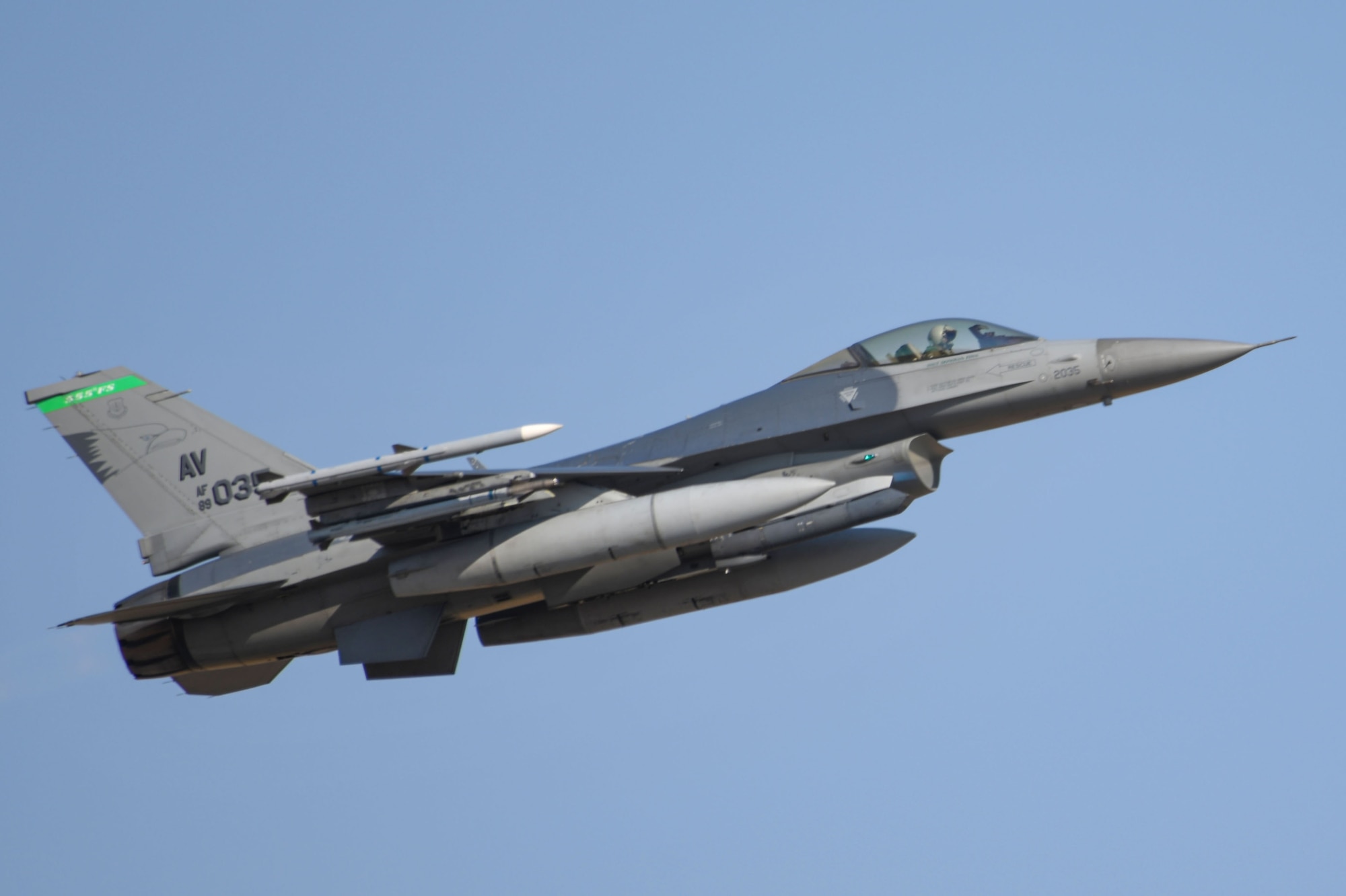 A U.S. Air Force F-16 Fighting Falcon assigned to the 555th Fighter Squadron, Aviano Air Base, Italy, participates in exercise Thracian Viper 20 at Graf Ignatievo Air Base, Bulgaria, Sept. 23, 2020. Thracian Viper 20 is a multilateral training exercise with the Bulgarian air force, aimed to increase operational capacity, capability and interoperability with Bulgaria. Exercises like this enhance their ability to rapidly deploy to a remote location, establish command and control and deliver lethal airpower more effectively and efficiently anywhere in the world. (U.S. Air Force photo by Airman 1st Class Ericka A. Woolever)