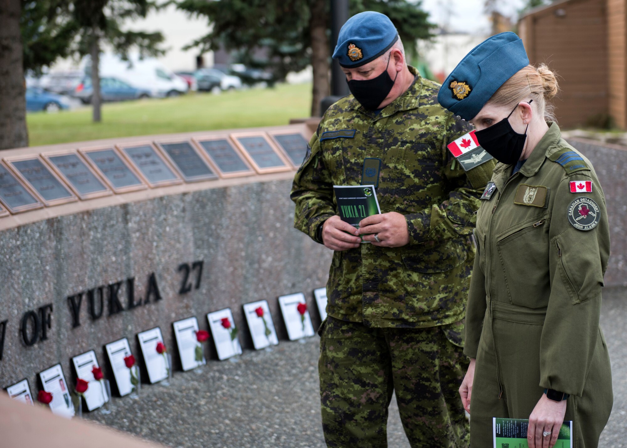 Surviving family members, distinguished guests and members of 962nd Airborne Air Control Squadron attend the Yukla 27 25th anniversary memorial ceremony at Joint Base Elmendorf-Richardson, Alaska, Sept. 22, 2020. Yukla 27, a U.S. Air Force E-3 Sentry airborne warning and control system aircraft assigned to the 962nd AACS, encountered a flock of geese Sept. 22, 1995, and crashed shortly after takeoff on a routine surveillance training sortie, killing all 24 Canadian and U.S. Airmen aboard.