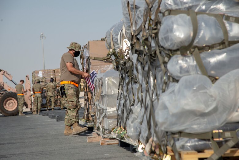U.S. Air Force Airman prepares a load of humanitarian aid supplies, bound for Beirut, Lebanon at Al Udeid Air Base, Qatar, Aug. 6, 2020. U.S. Central Command is coordinating with the Lebanese Armed Forces and U.S. Embassy-Beirut to transport critical supplies as quickly as possible to support the needs of the Lebanese people.