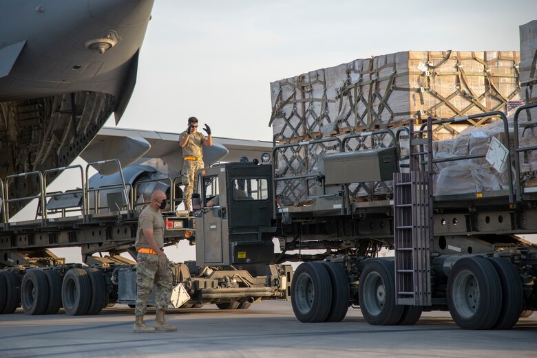 U.S. Air Force Airmen load humanitarian aid supplies a U.S. Air Force C-17 Globemaster III at Al Udeid Air Base, Qatar, Aug. 6, 2020, bound for Beirut, Lebanon. U.S. Central Command is coordinating with the Lebanese Armed Forces and U.S. Embassy-Beirut to transport critical supplies as quickly as possible to support the needs of the Lebanese people.